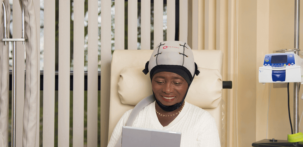 Patient with Scalp Cooling During Chemo