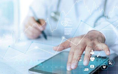 Healthcare business graph data and growth, Medical examination and doctor analyzing medical report network connection on tablet screen.