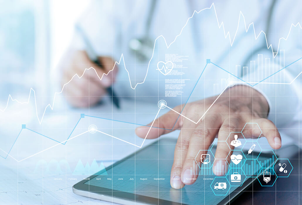 Healthcare business graph data and growth, Medical examination and doctor analyzing medical report network connection on tablet screen.